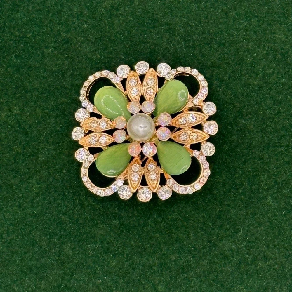 Gold Tone Rhinestone Flower Brooch Faux Pearl Green Lucite Pin 1.5